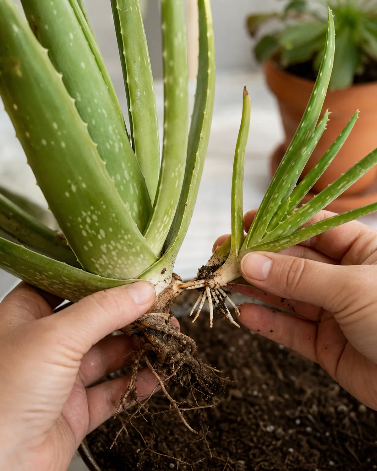 Hands gently separating a young aloe vera pup with its own small root system from the base of a mature mother aloe vera plant