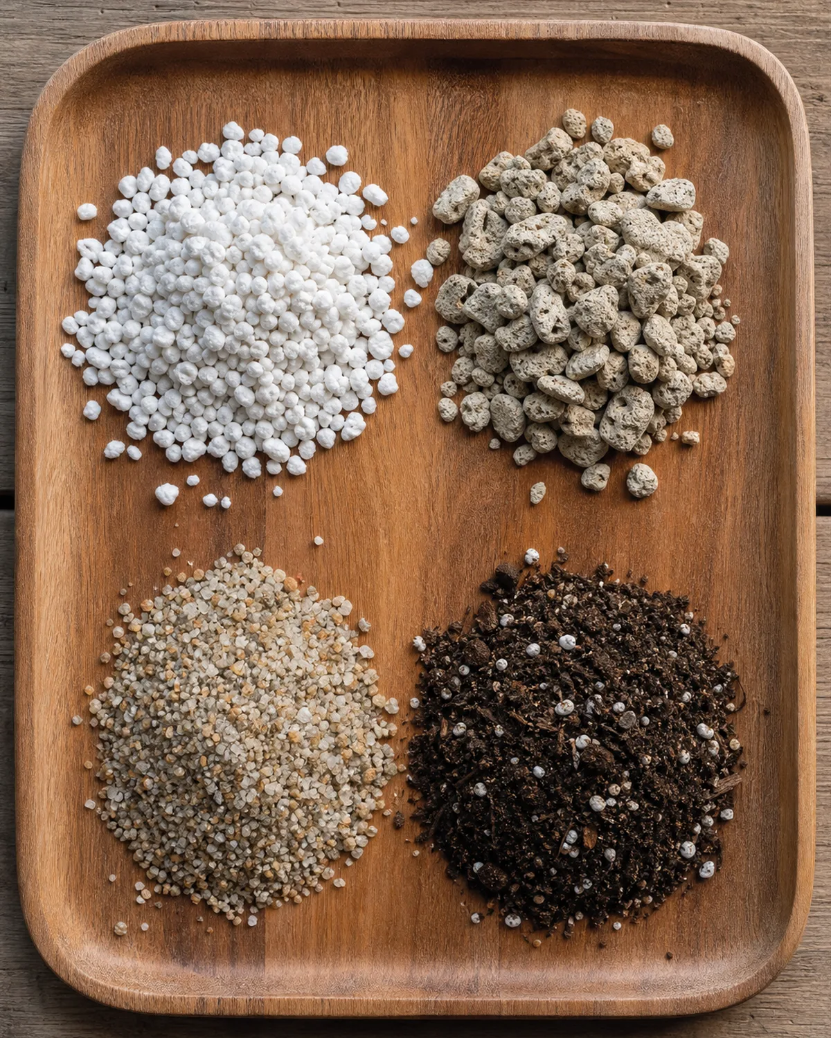 Overhead view of aloe vera soil mix ingredients laid out separately on a tray showing coarse perlite pumice coarse sand and a small amount of succulent potting mix
