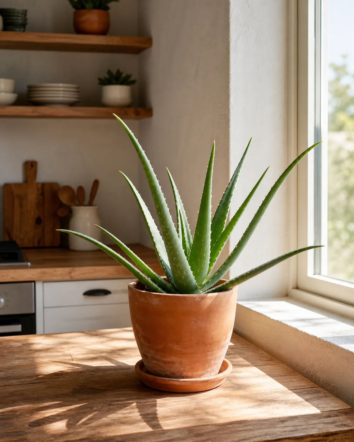 An aloe vera plant in a terracotta pot on a sunny kitchen counter next to a window in a warm dry bright indoor environment