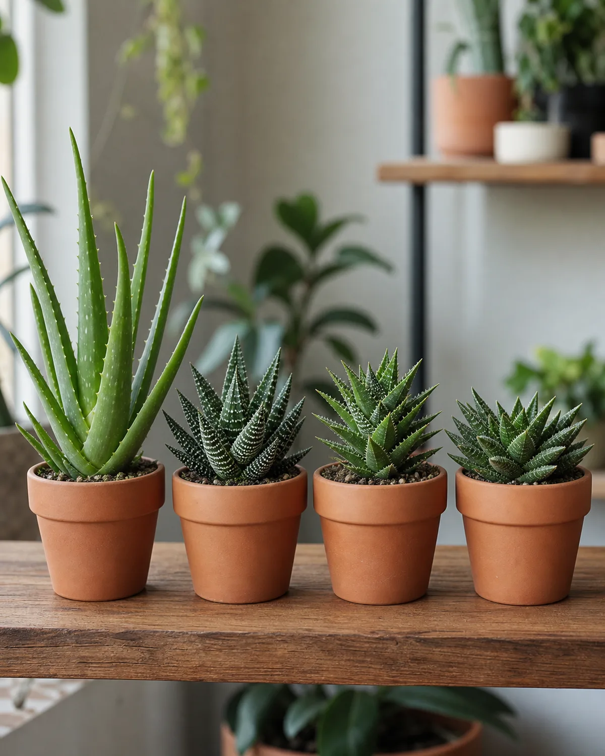 A collection of different indoor aloe varieties side by side in small terracotta pots including aloe vera with thick green leaves and lace aloe with white-spotted dark green leaves