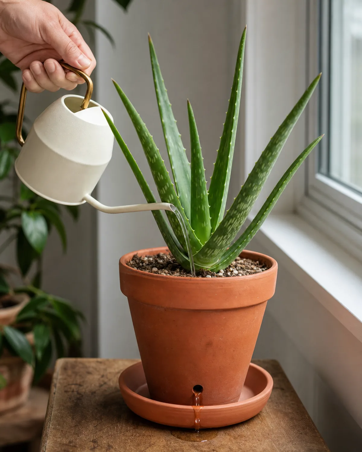 A hand pouring water from a narrow-spout watering can into the dry gritty soil of a potted aloe vera plant in a terracotta pot with water draining from the bottom