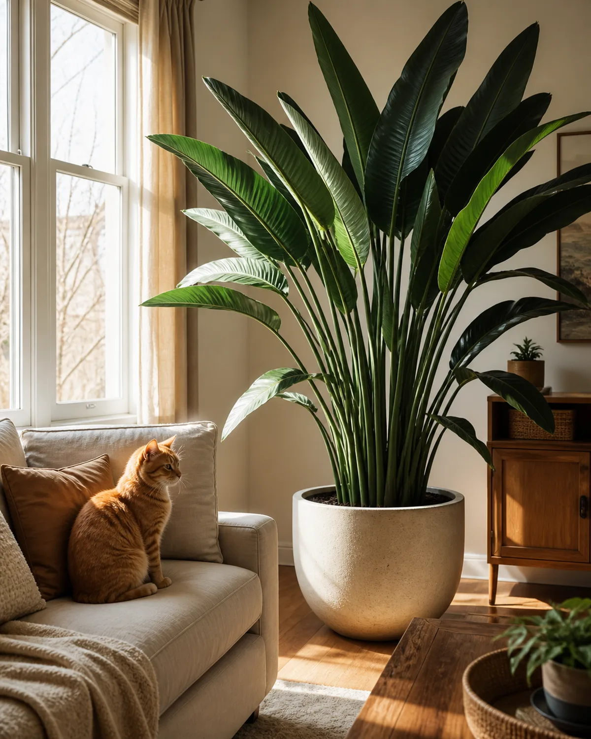 A large mature bird of paradise in a modern living room with a ginger cat sitting on a nearby sofa at a safe distance from the plant the cat relaxed showing normal coexistence the plant too large with stiff paddle leaves to be interesting to the cat warm cozy interior with soft natural afternoon light
