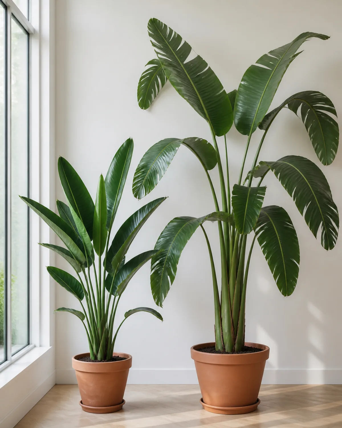 Side by side comparison of Strelitzia reginae on the left about 4 feet tall with stiff upright paddle-shaped leaves and Strelitzia nicolai on the right about 7 feet tall with large drooping banana-like leaves both in similar terracotta pots on a clean bright background with clear size and leaf shape contrast visible