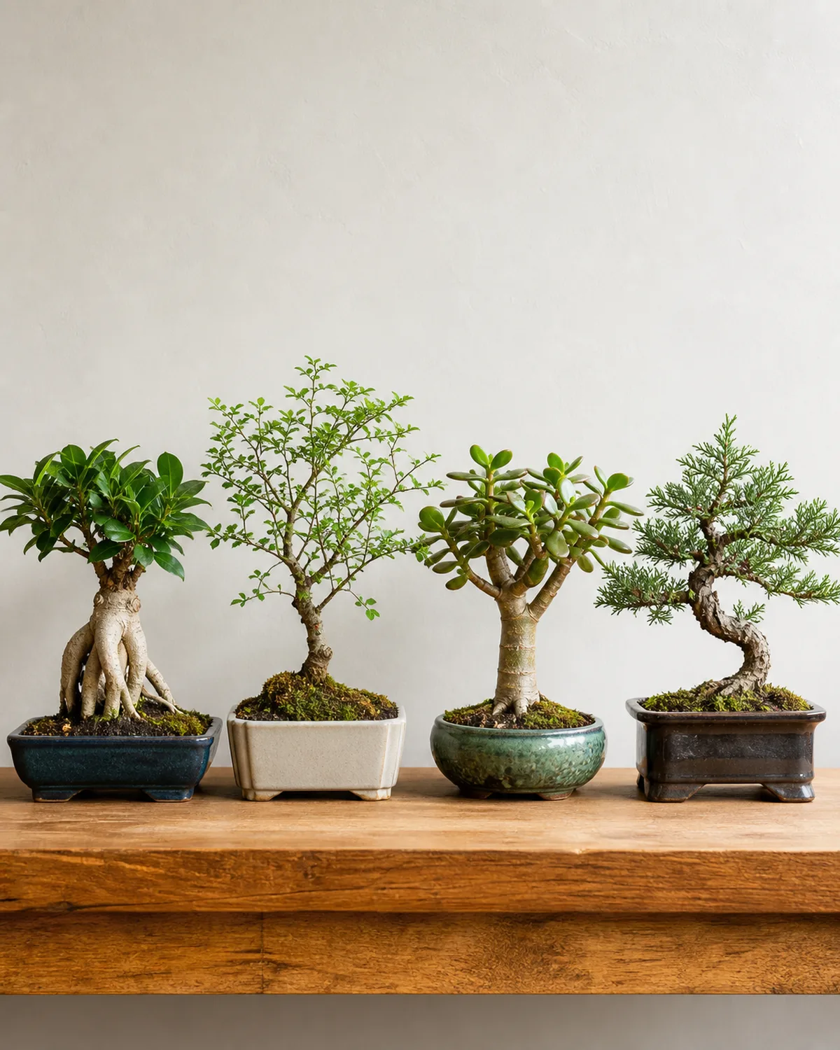 Four beginner bonsai species lined up on a wooden shelf: a ficus retusa, a Chinese elm, a jade bonsai, and a juniper, each in a different style shallow ceramic bonsai pot