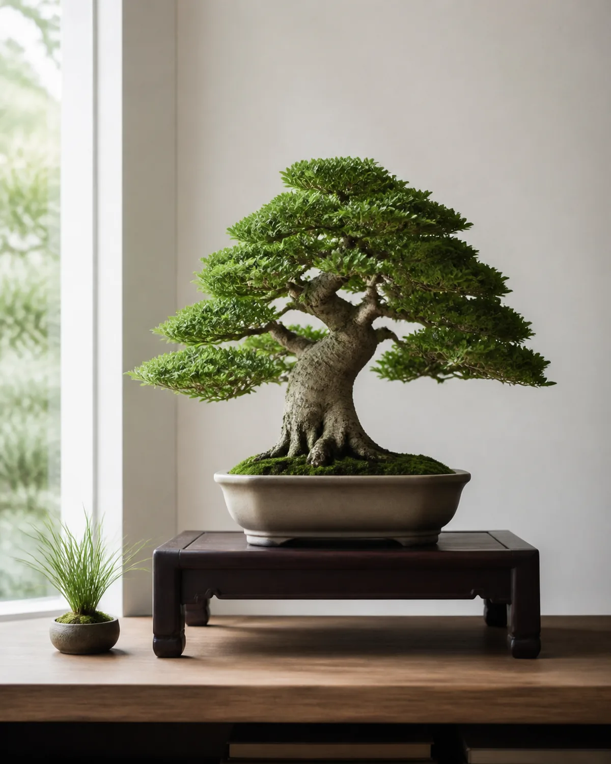 A beautifully displayed bonsai on a dark wooden traditional bonsai stand at eye level with a small accent grass plant in a tiny pot beside it, clean minimalist shelf setting near a bright window