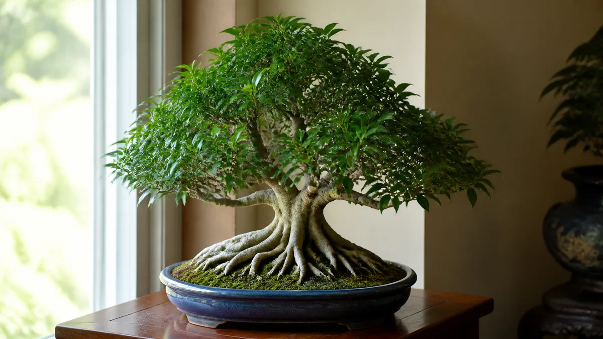 A mature ficus bonsai tree in a traditional shallow blue-glazed ceramic pot on a wooden display table next to a bright window with visible thick exposed nebari roots and a full dense canopy of small glossy dark green leaves