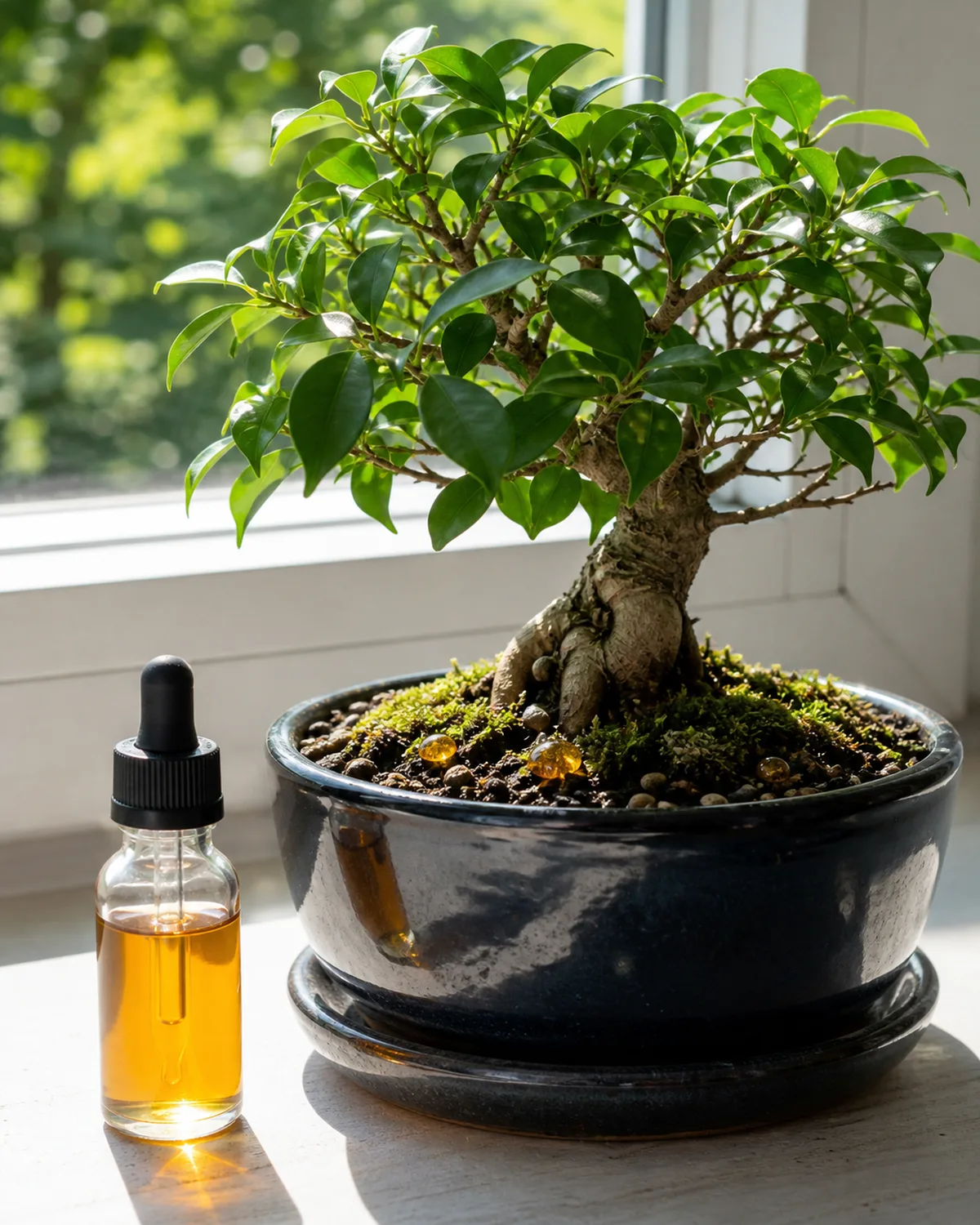 A small bottle of liquid bonsai fertilizer next to a healthy ficus bonsai in a dark glazed pot on a bright windowsill during summer, a few drops of amber liquid on the soil surface
