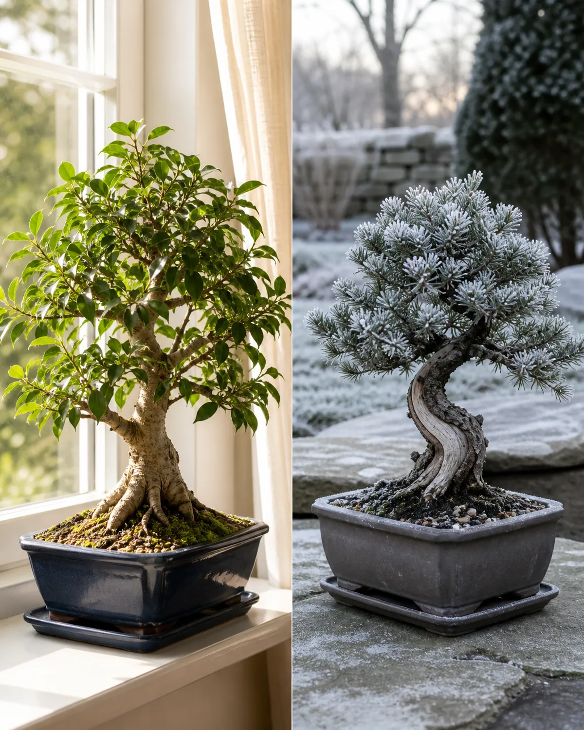 Side by side comparison of a tropical ficus bonsai thriving on a bright indoor windowsill and a juniper bonsai outdoors on a stone patio in cold winter weather