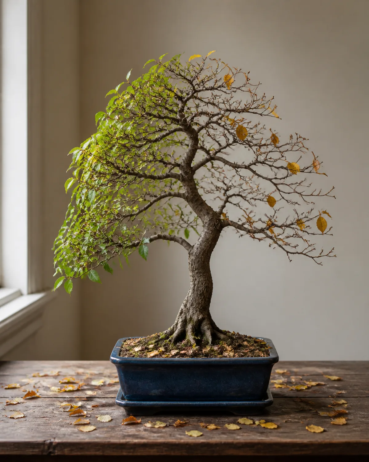 A Chinese elm bonsai in autumn showing natural seasonal leaf drop with yellow and brown leaves scattered on the soil surface and display table, half the canopy still green and half bare revealing branch structure