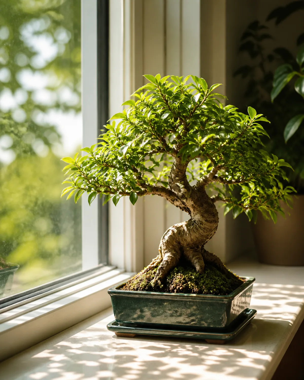 A ficus bonsai tree in a glazed pot positioned next to a bright south-facing window with direct morning sunlight streaming across its dense canopy