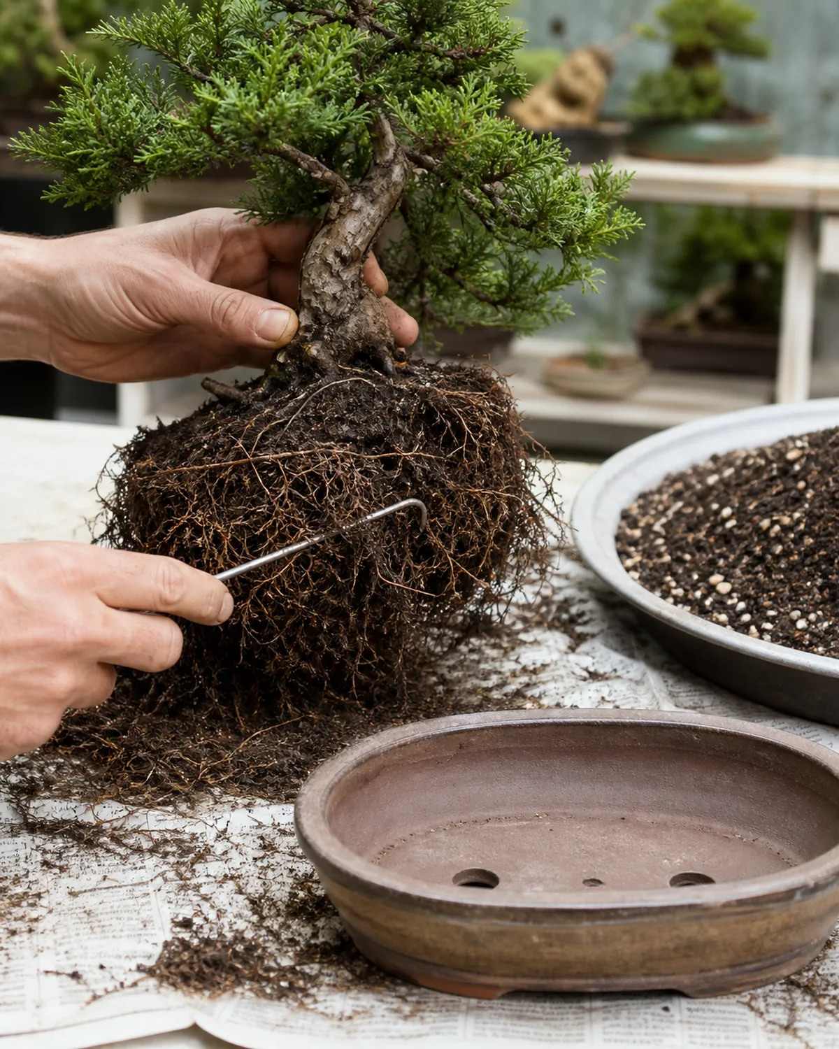 A bonsai tree lifted out of its shallow ceramic pot during repotting, the dense root ball exposed with a metal root hook tool combing out tangled roots on a newspaper-covered work surface