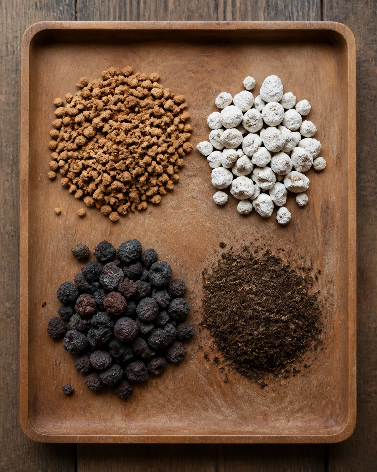 Top-down overhead view of bonsai soil mix components laid out separately in small piles on a wooden tray: reddish-brown akadama granules, white pumice chunks, dark lava rock pieces, and a small amount of fine organic matter