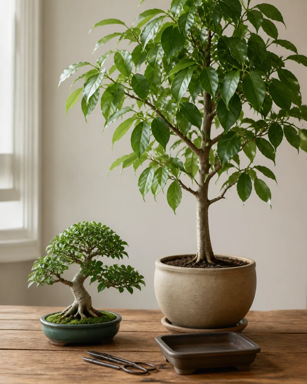 A small bonsai tree in a shallow ceramic pot next to a full-sized potted ficus tree of the same species showing the dramatic size difference of the miniaturization technique