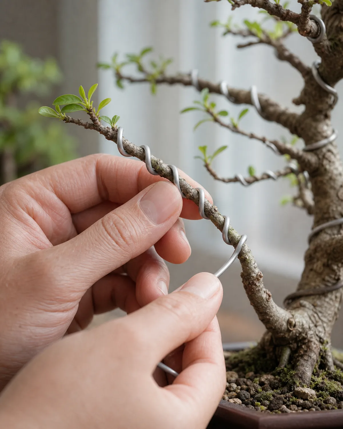 Close-up of aluminum bonsai wire being carefully wrapped in a spiral around a young bonsai branch at a 45-degree angle to bend it gently into an angled position