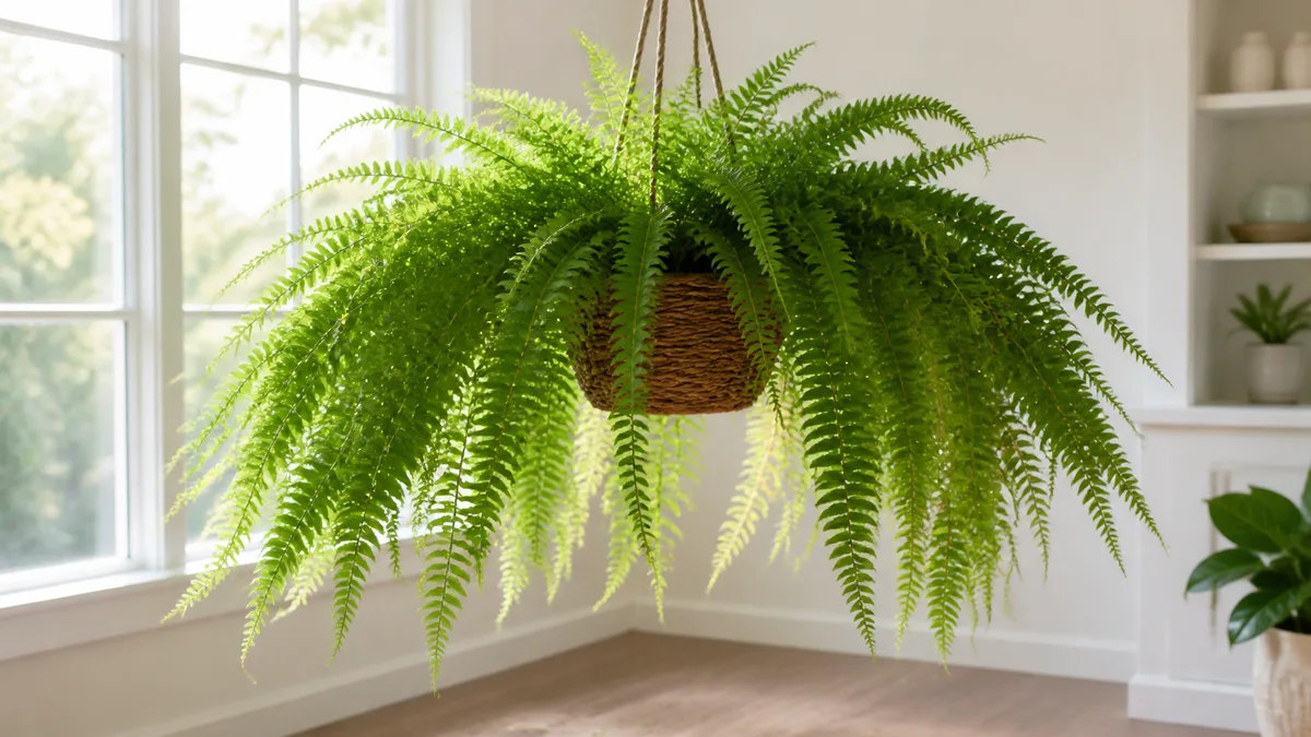 A magnificent Boston fern in a woven hanging basket with lush arching fronds cascading down in every direction backlit by soft morning light from a nearby window creating a dramatic green fountain silhouette in a clean bright interior