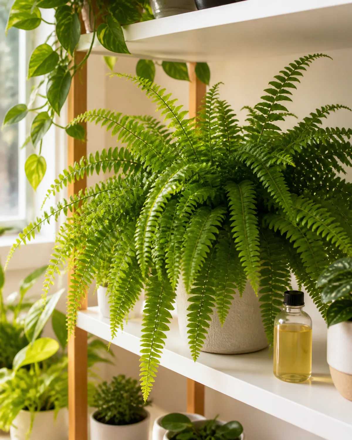 A Boston fern on a bright shelf with a small bottle of diluted liquid fertilizer nearby healthy rich green fronds indicating proper nutrition on a clean styled plant shelf with a few other plants in the background in warm natural light
