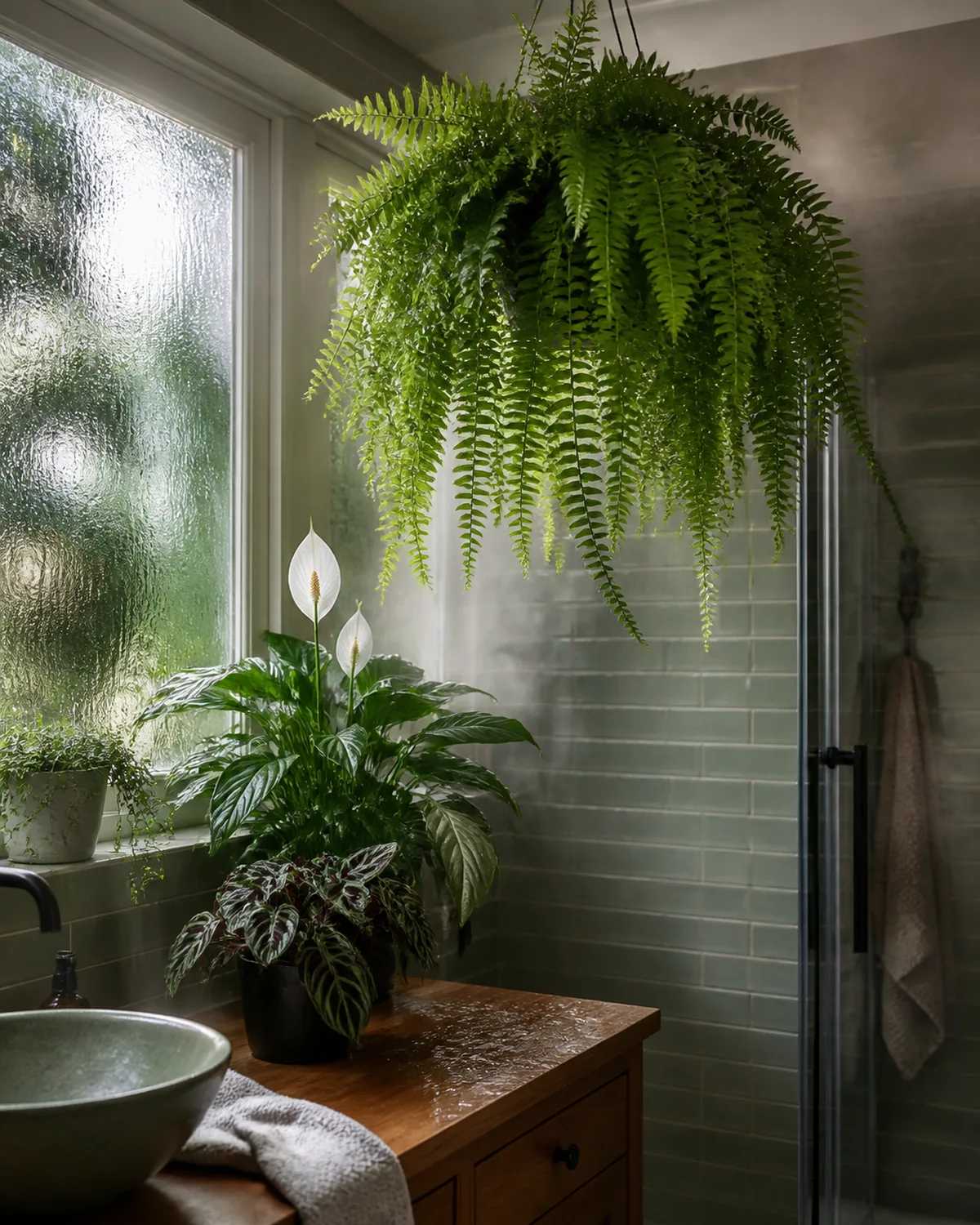 A thriving Boston fern hanging in a bright bathroom near a frosted window with steam visible in the air from a recent shower condensation on the window and other humidity-loving plants on the counter below including peace lily and calathea in a spa atmosphere
