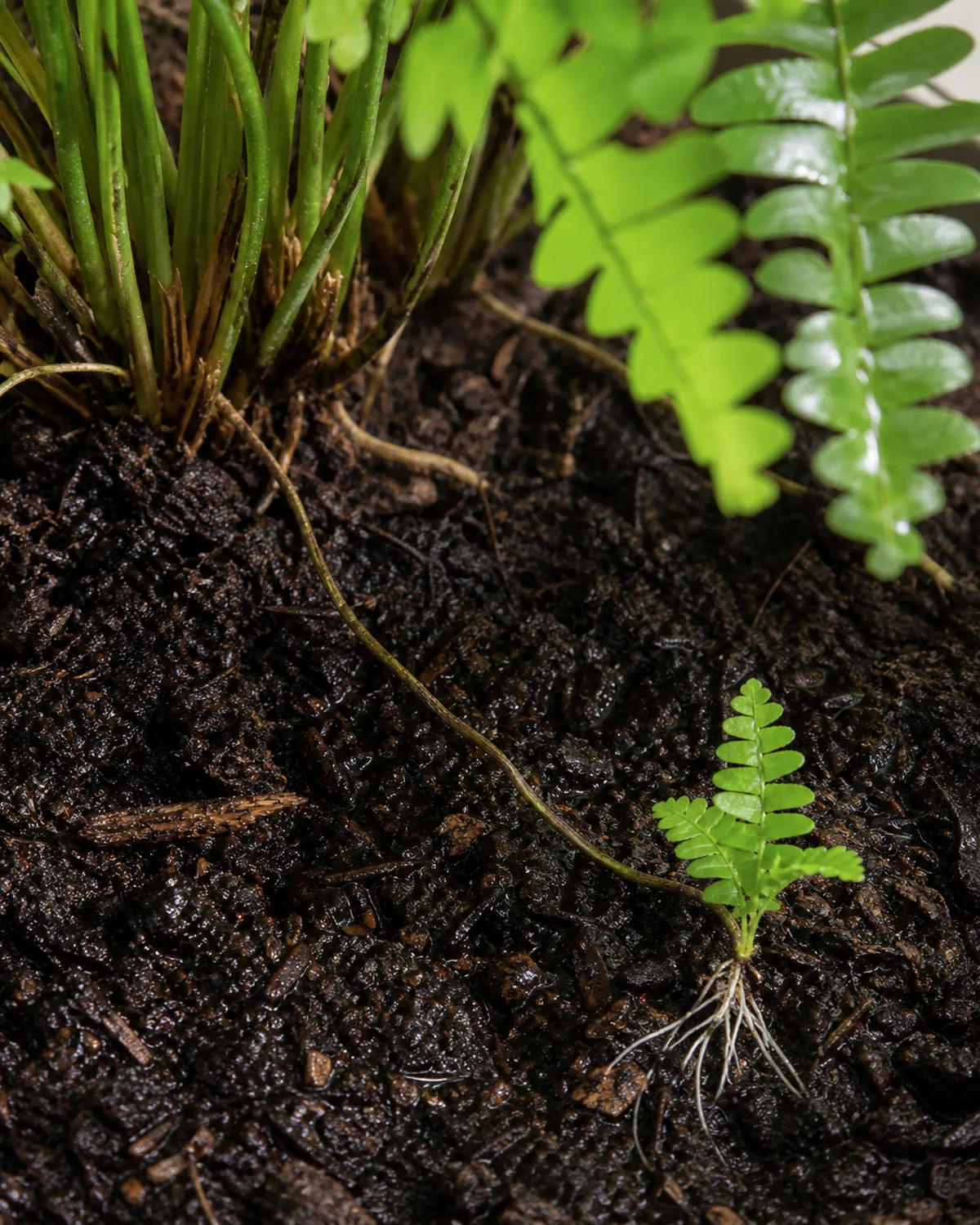 Close-up of Boston fern runners stolons with thin wiry brown-green stems extending outward from the base of the mother plant along the soil surface one runner showing a tiny new plantlet with small green fronds and visible white roots where it contacts moist soil
