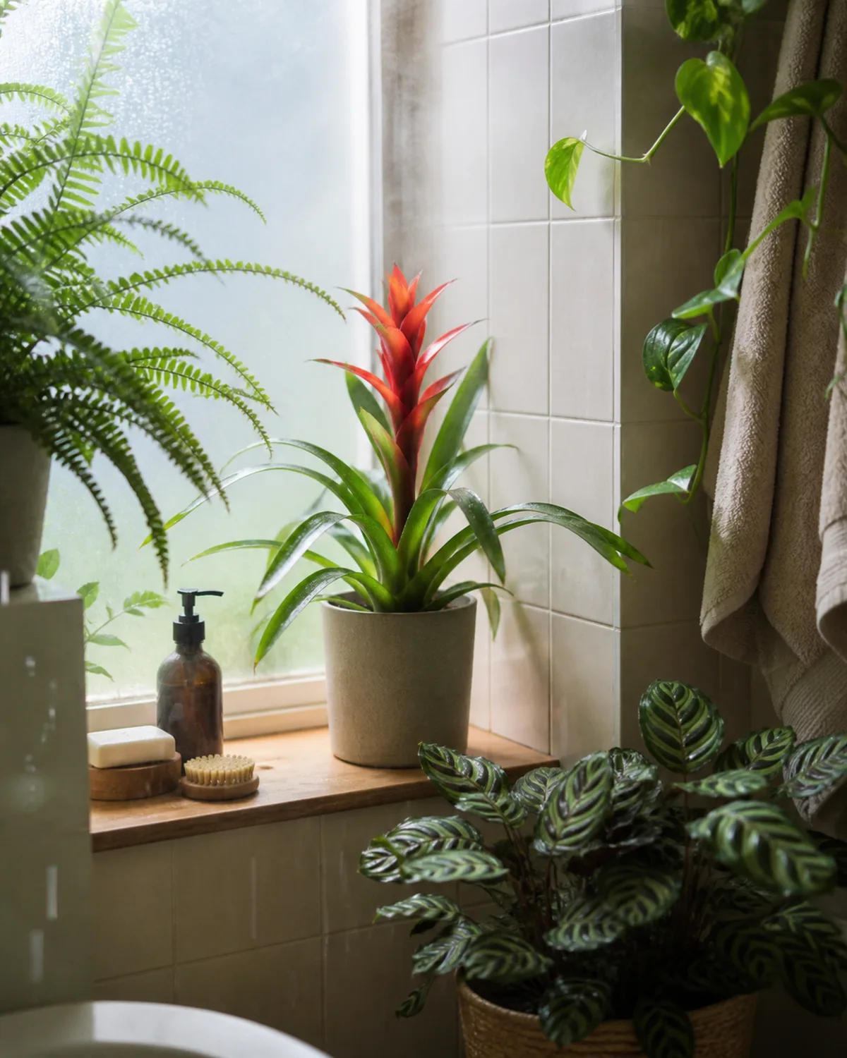 A bromeliad thriving on a bathroom shelf near a frosted glass window with steam-softened light and other humidity-loving plants visible including fern and calathea in a spa-like atmosphere