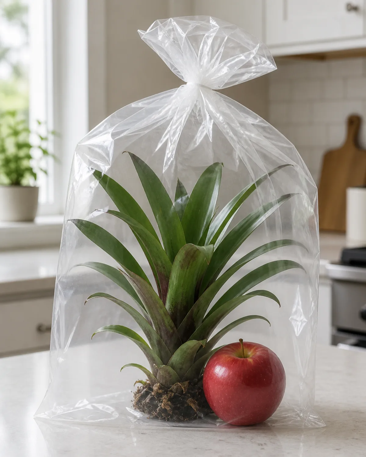 The ethylene trick setup with a ripe red apple placed in a clear plastic bag alongside a mature green bromeliad rosette that has not yet bloomed with the bag loosely sealed at the top on a clean kitchen counter