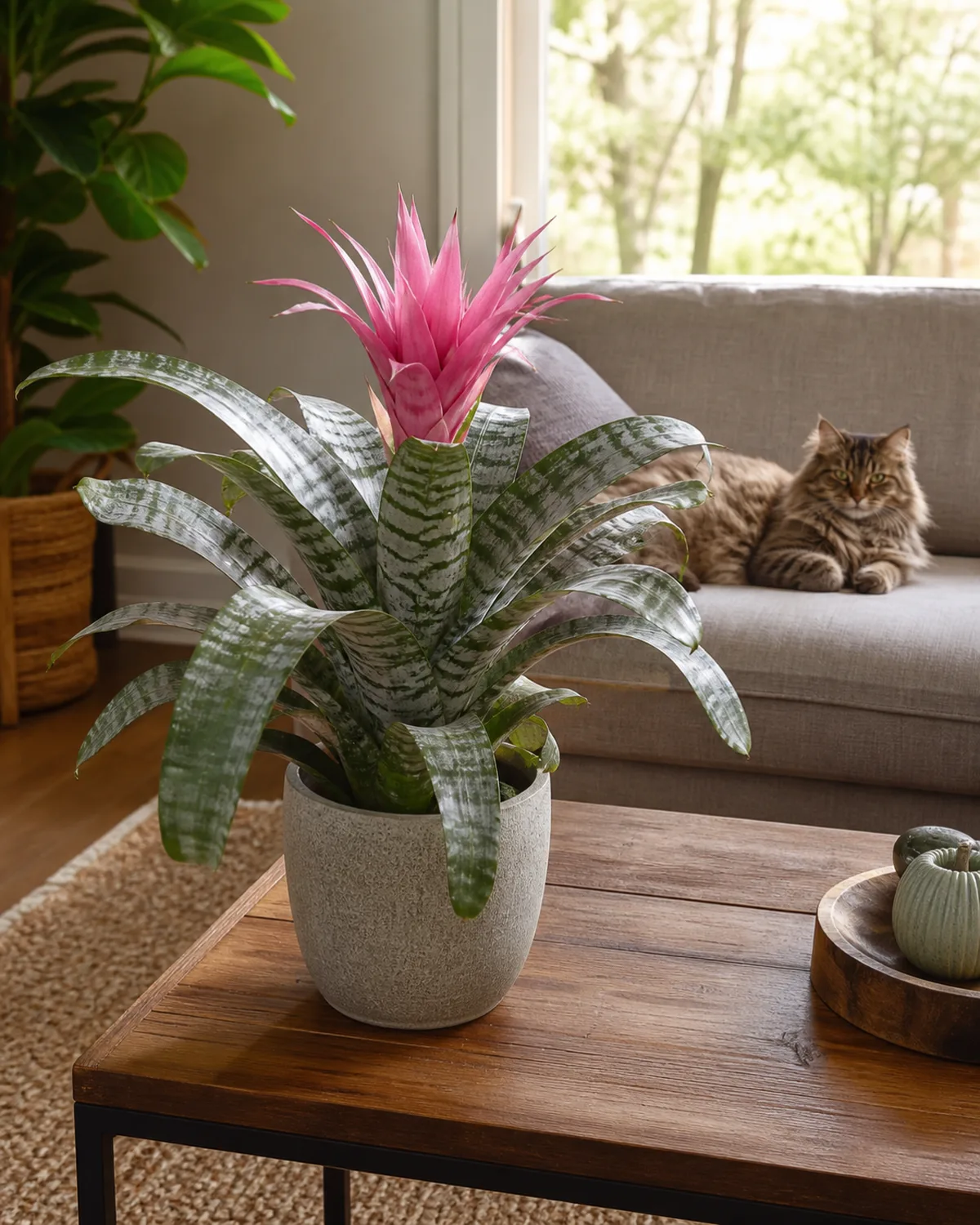 A healthy Aechmea bromeliad with pink bracts on a coffee table in a living room with a cat lounging nearby on the sofa demonstrating pet safety with warm relaxed domestic setting and natural afternoon light