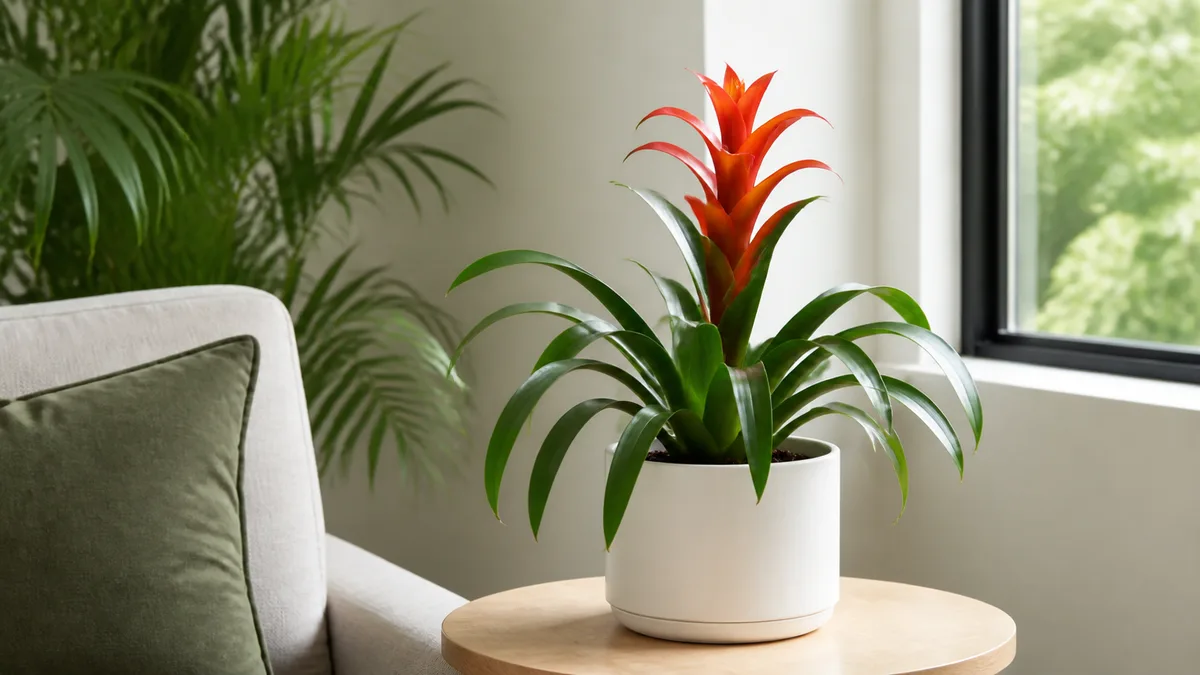 A stunning Guzmania bromeliad with vivid red-orange bracts rising from a tight rosette of glossy green leaves in a white ceramic pot on a light wooden side table with bright indirect natural light