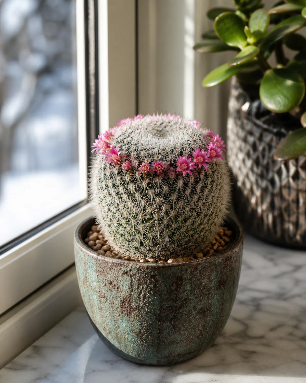 A mammillaria cactus with a crown of small pink flowers blooming in soft winter light on a cool windowsill