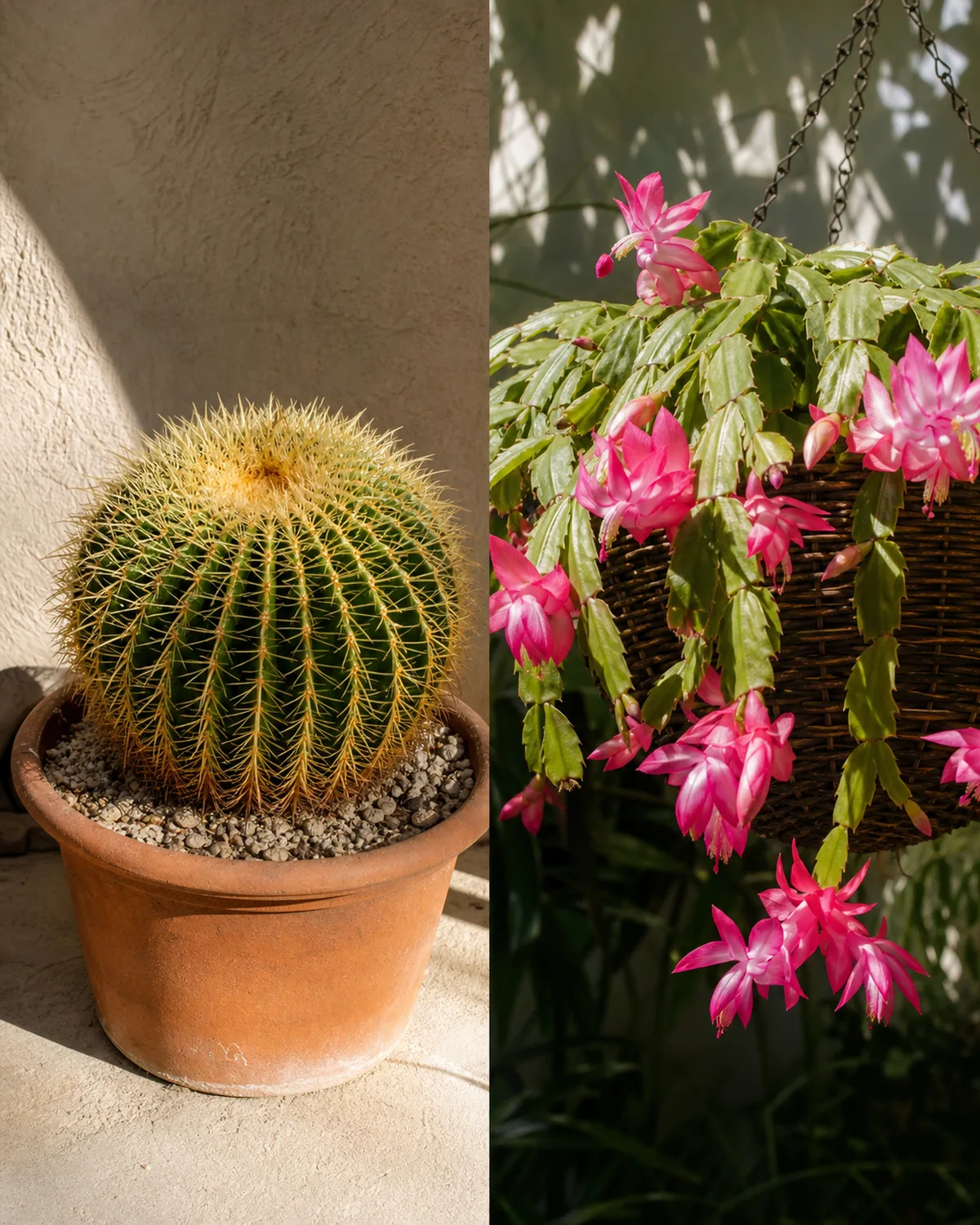 Side by side comparison of a desert barrel cactus in a sunny dry spot and a Christmas cactus with pink flowers in a hanging basket in dappled shade