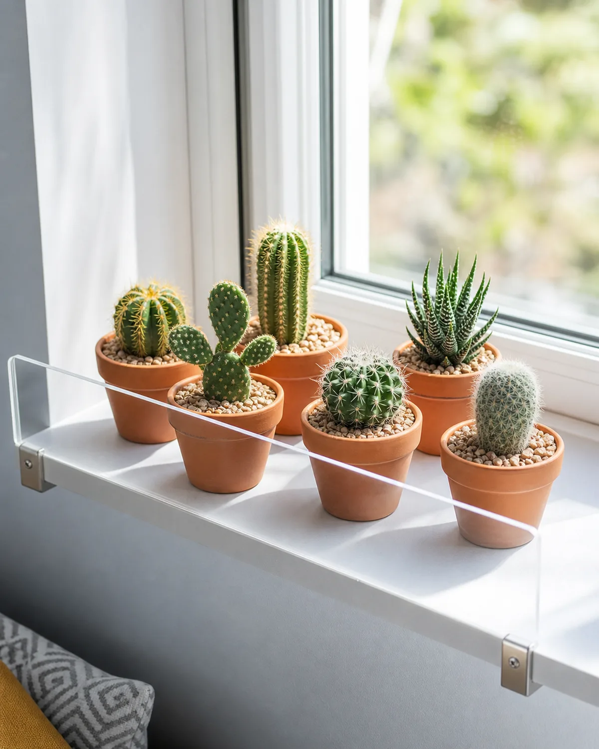 A sunny windowsill arrangement of several small cacti in matching terracotta pots grouped together with a clear acrylic edge barrier in a bright modern room