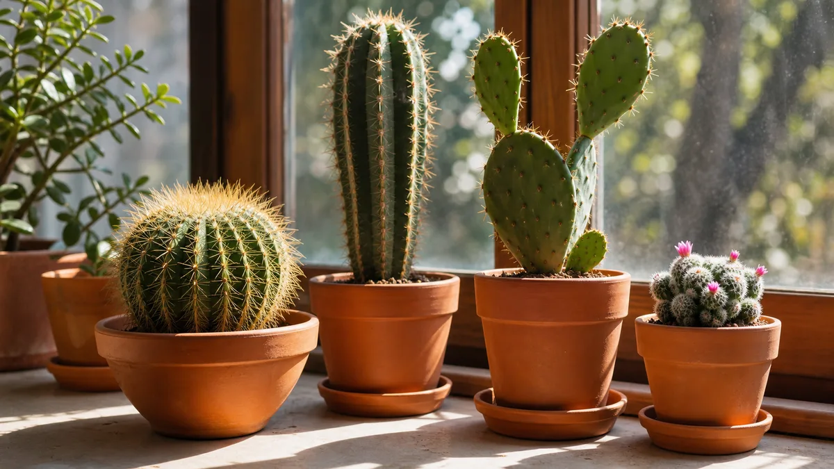 A bright south-facing windowsill collection of different cacti in terracotta pots including a round barrel cactus a tall columnar cereus a prickly pear pad and a small mammillaria in direct sunlight
