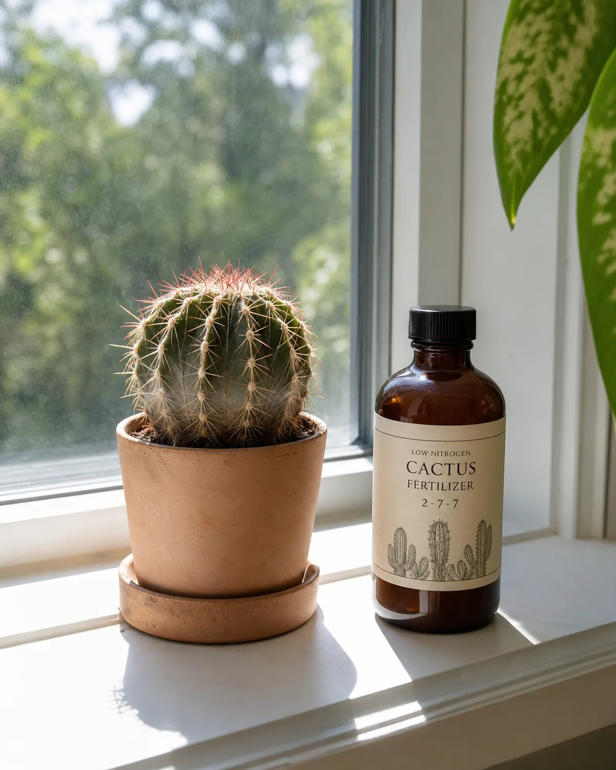 A small potted cactus on a bright sunny windowsill next to a bottle of low-nitrogen cactus fertilizer during summer