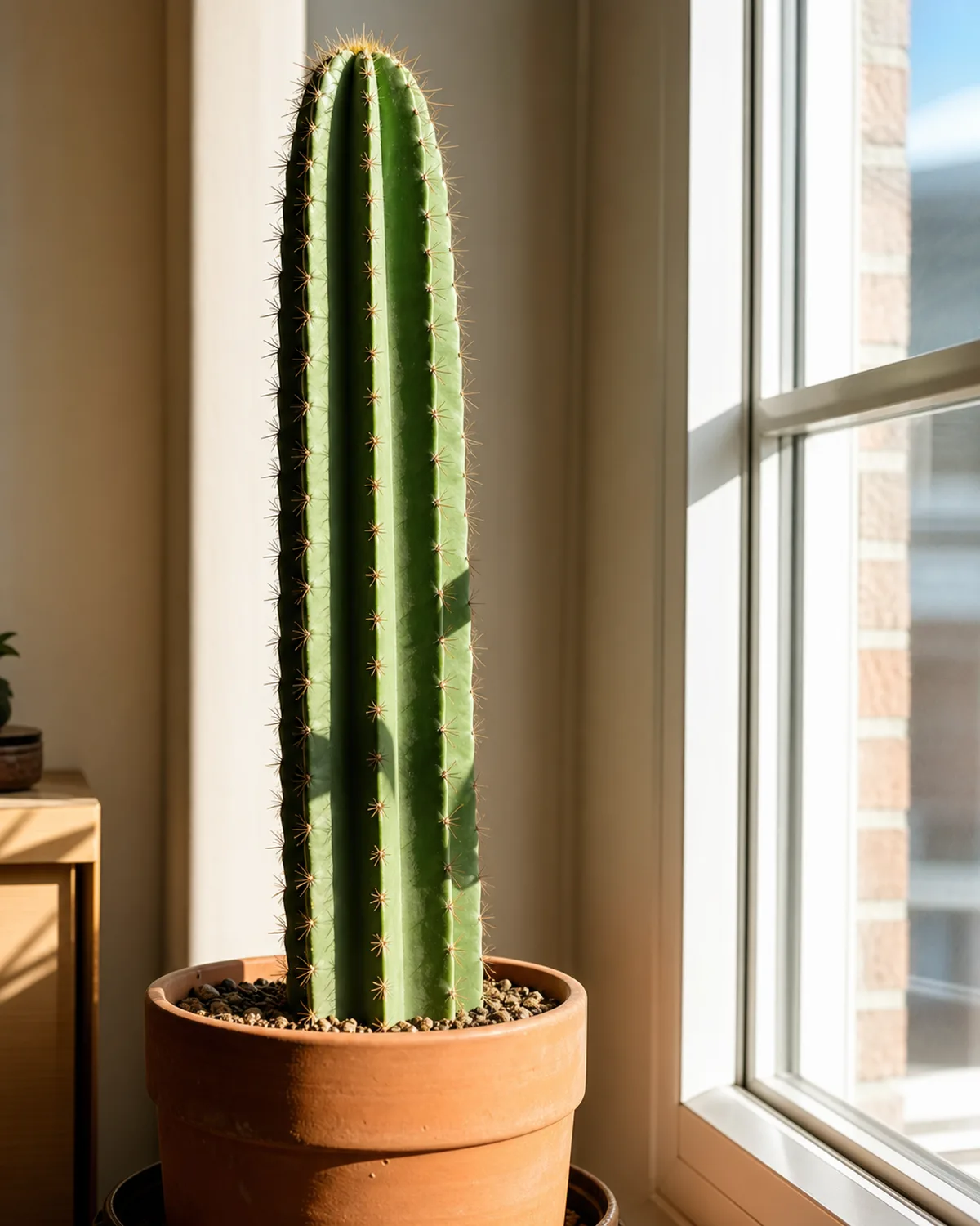 A tall columnar cereus cactus in a terracotta pot placed right next to a bright south-facing window with warm direct sunlight streaming across the ribbed green stem