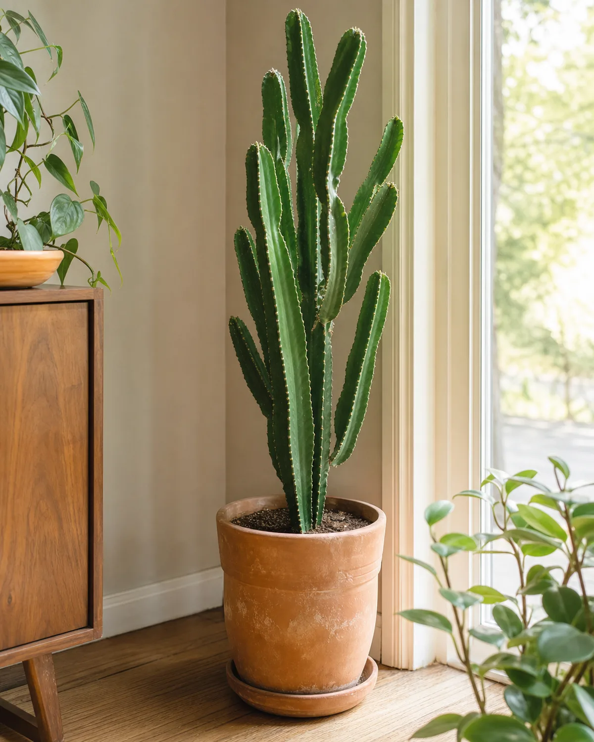 A mature tall columnar cactus indoors standing in a large terracotta pot by a bright window looking healthy but bloomless