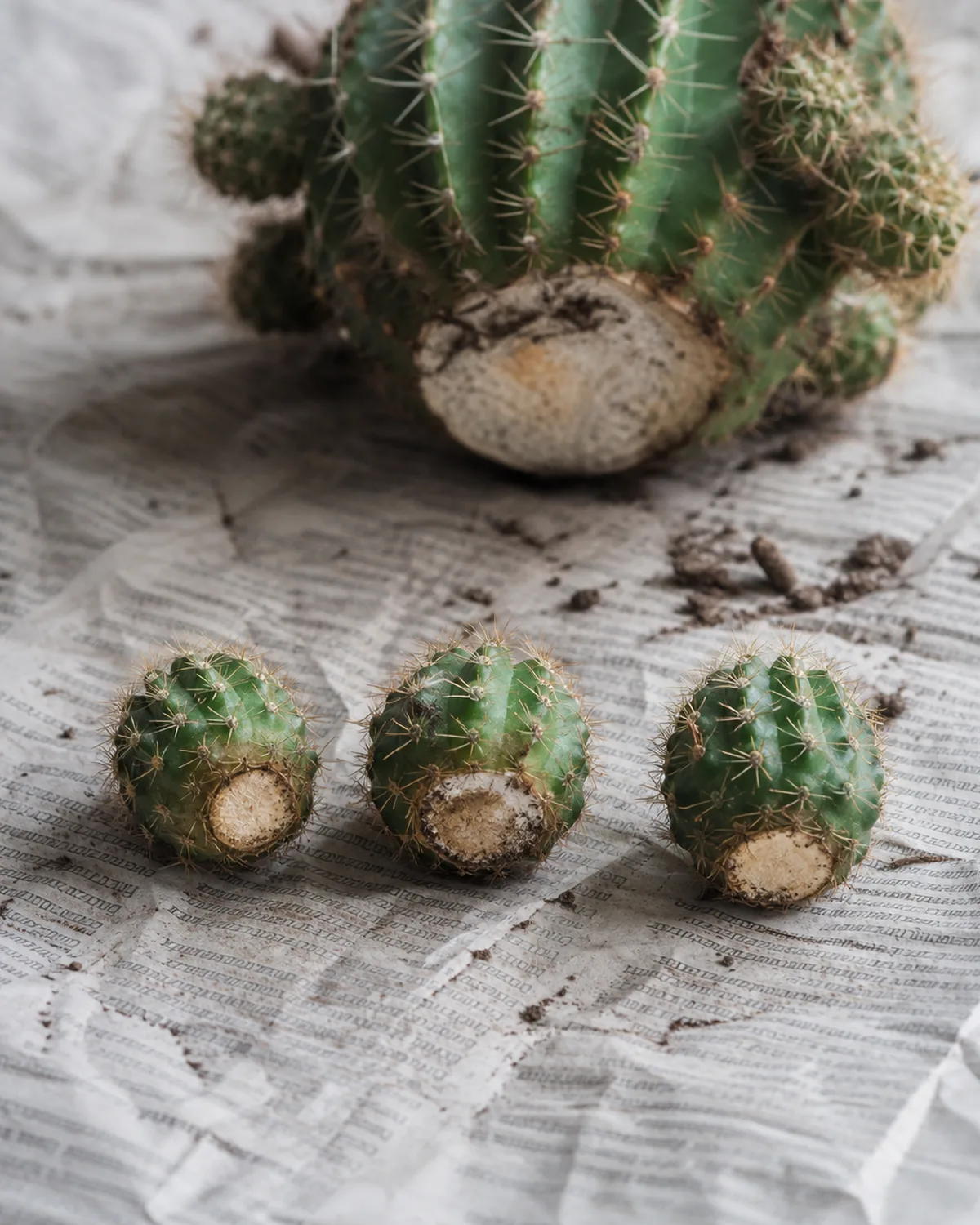 Three cactus pup offsets freshly separated from a mother plant laid on dry newspaper to callous with dry cut ends visible