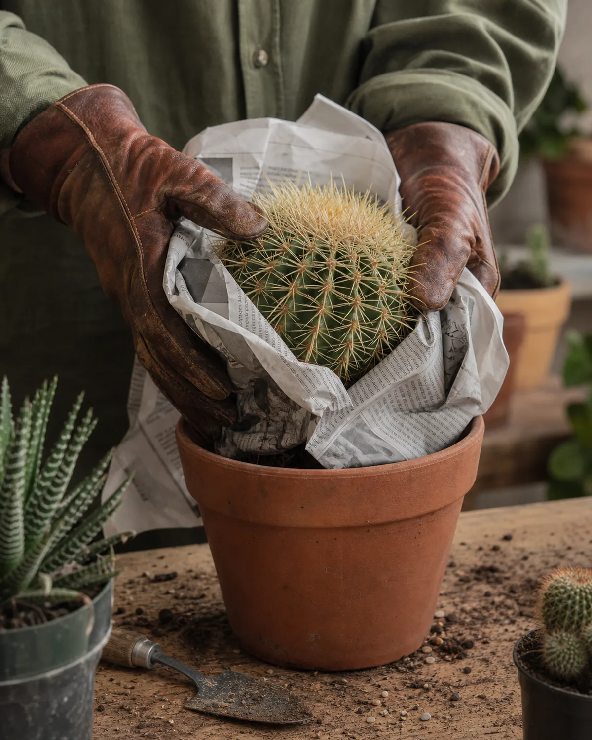 Two hands wearing leather gloves wrapping a spiny barrel cactus in folded newspaper to lift it out of its terracotta pot during repotting on a workbench