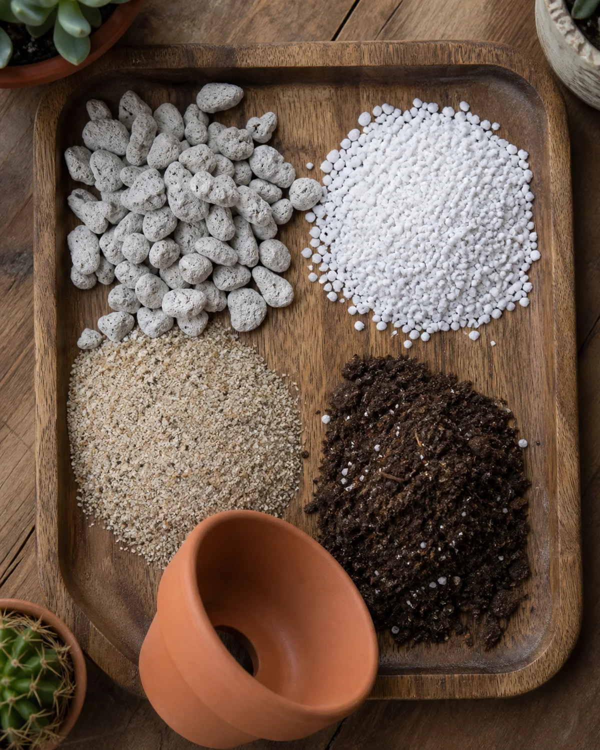 Overhead view of cactus soil mix ingredients laid out separately on a wooden tray with pumice chunks perlite coarse sand and a small amount of potting soil
