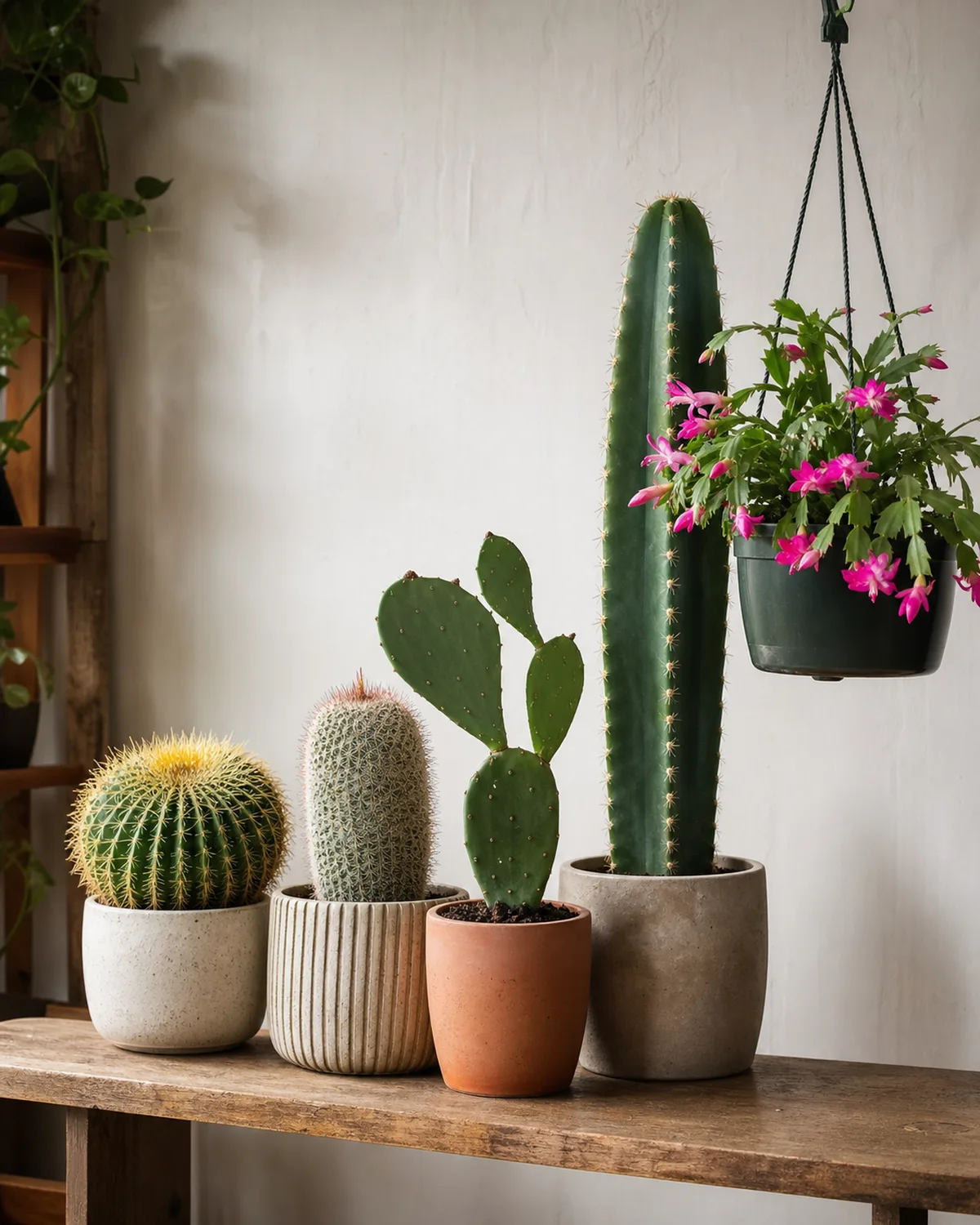 A curated collection of five different indoor cactus types arranged side by side on a shelf including a barrel cactus a mammillaria a prickly pear pad a columnar cereus and a Christmas cactus