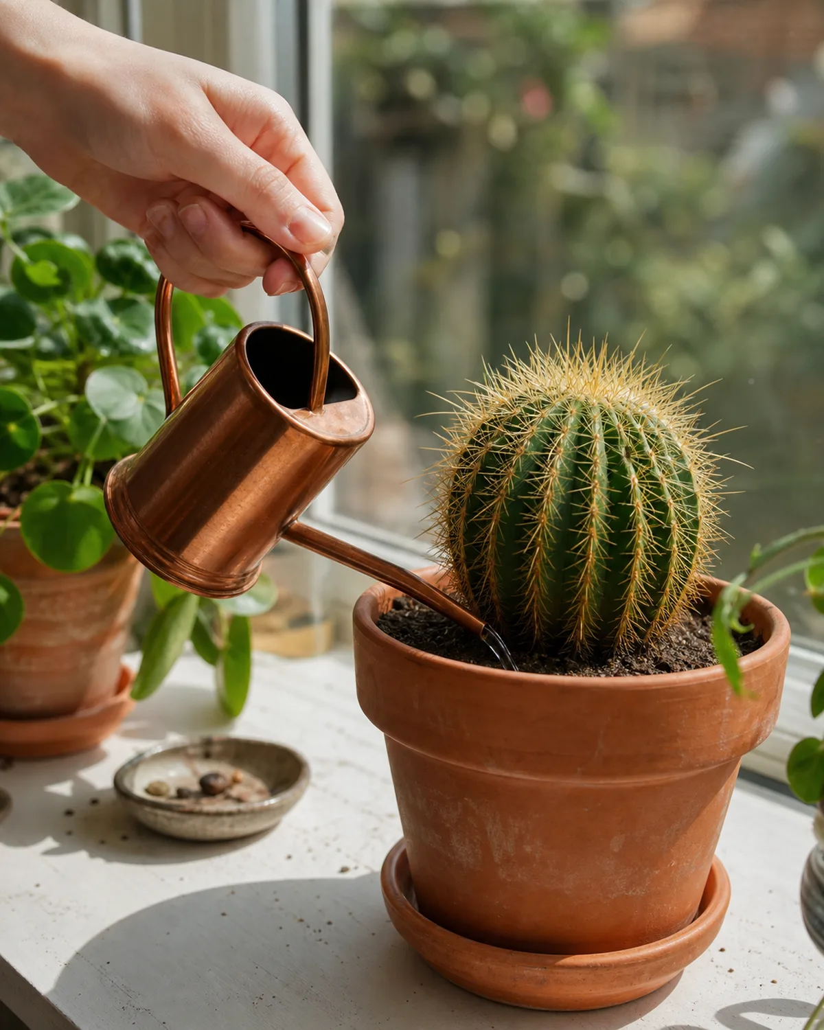 A hand holding a small copper watering can with a narrow spout carefully directing water at the soil line of a potted barrel cactus in a terracotta pot on a sunny windowsill