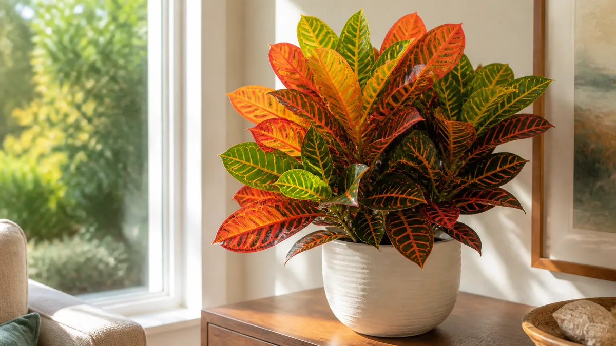 A vibrant mature croton Petra plant with large glossy leaves in vivid red orange yellow and green colors in a white ceramic pot next to a bright south-facing window with warm natural afternoon light