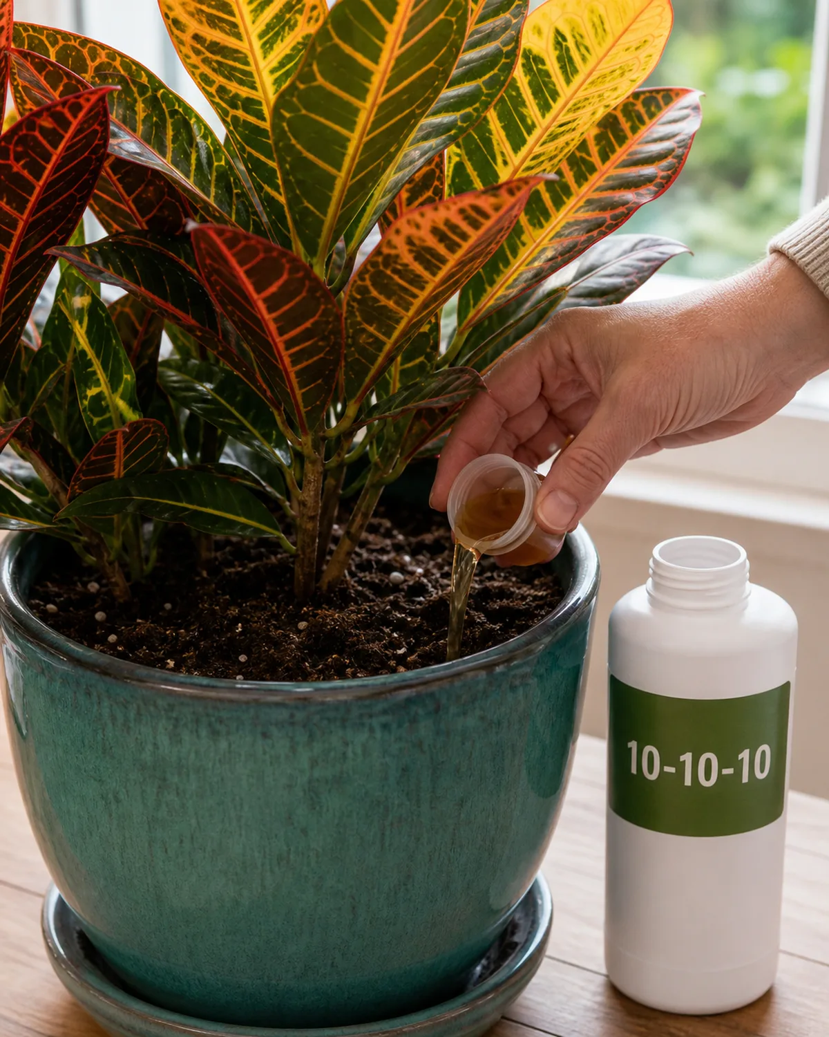 A hand pouring balanced liquid fertilizer from a measuring cap into the soil around a colorful croton in a glazed ceramic pot with the fertilizer bottle visible showing NPK numbers