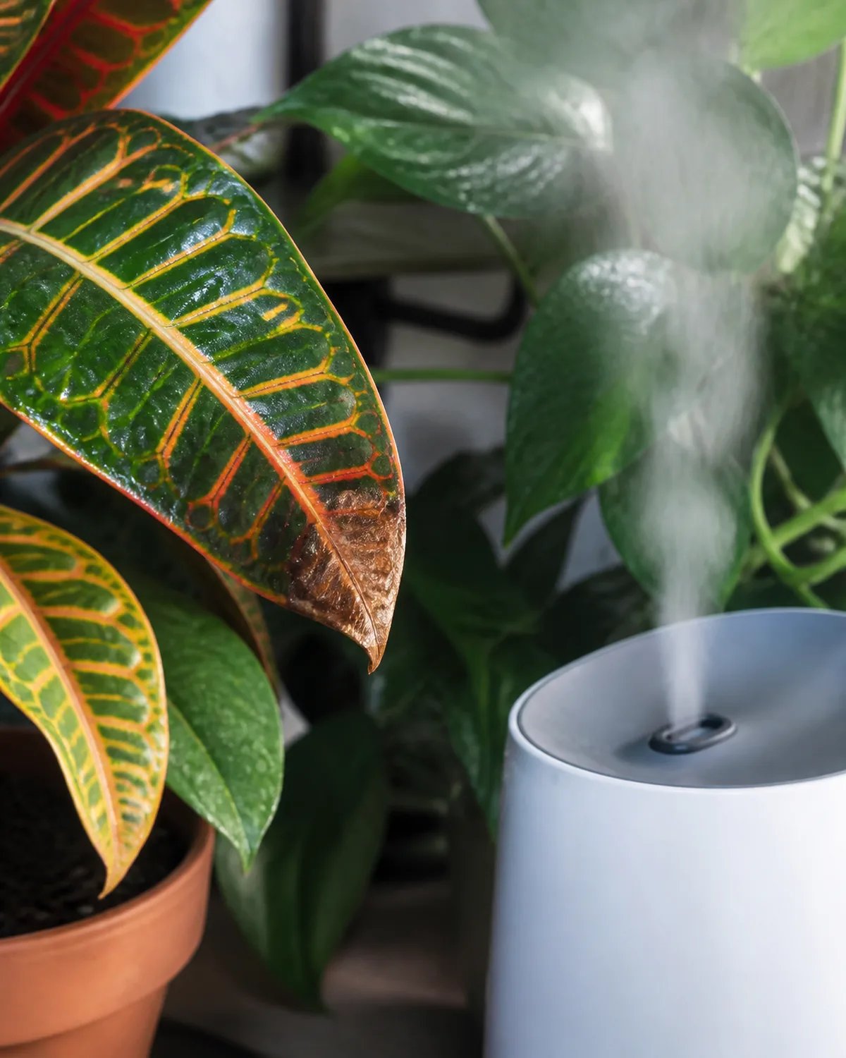 Close-up of a croton leaf tip showing brown crispy edges from low humidity next to a small humidifier producing visible mist with water droplets on nearby leaves
