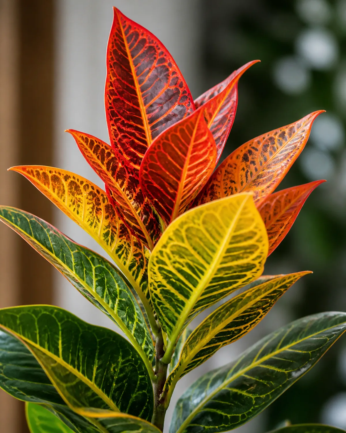 Close-up of a single croton branch showing the dramatic color gradient on individual leaves from deep green at the base transitioning through yellow and orange to bright red at the tips with prominent veins in contrasting colors