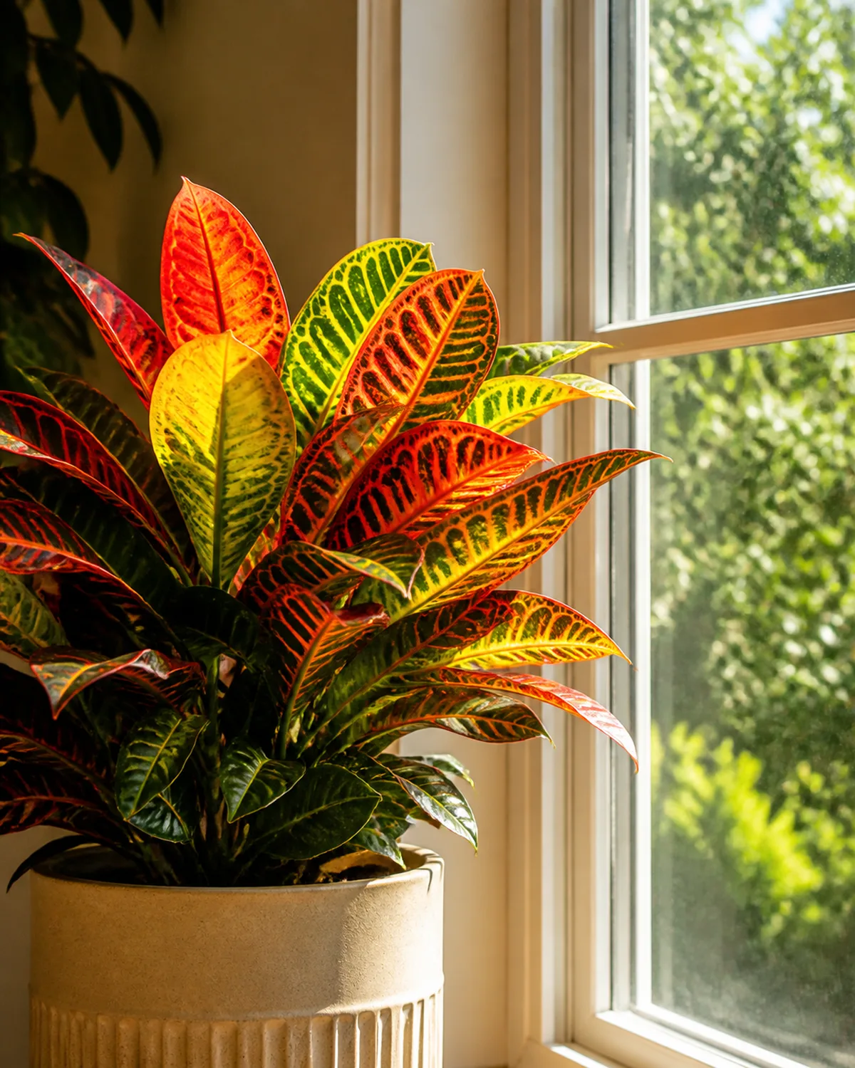 A croton plant positioned right next to a large south-facing window receiving direct afternoon sunlight with the light shining through the translucent red and yellow leaves creating a stained glass effect