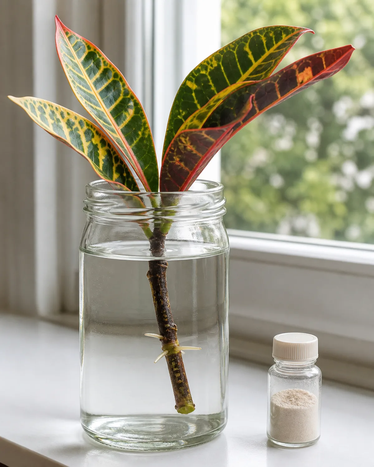 A clear glass jar with a croton stem cutting in water showing early white root nubs forming at the submerged node with a small bottle of rooting hormone powder placed beside the jar on a bright windowsill