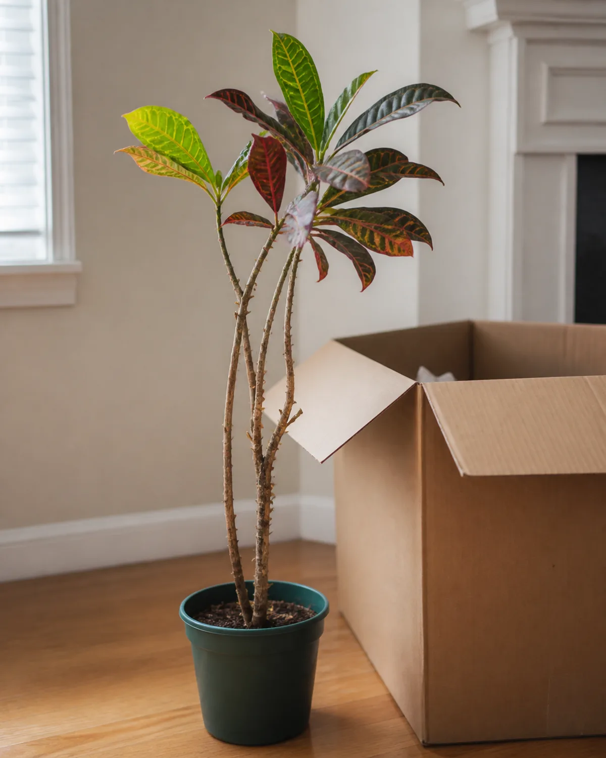 A croton plant that has dropped most of its lower leaves after being moved to a new location with bare stems and only a few leaves remaining at the top sitting on a floor next to a moving box