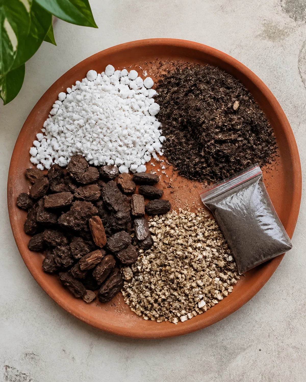 Top-down view of tropical potting mix components laid out on a terracotta saucer showing perlite chunks peat moss orchid bark and a handful of vermiculite with a small bag of acidic soil amendment