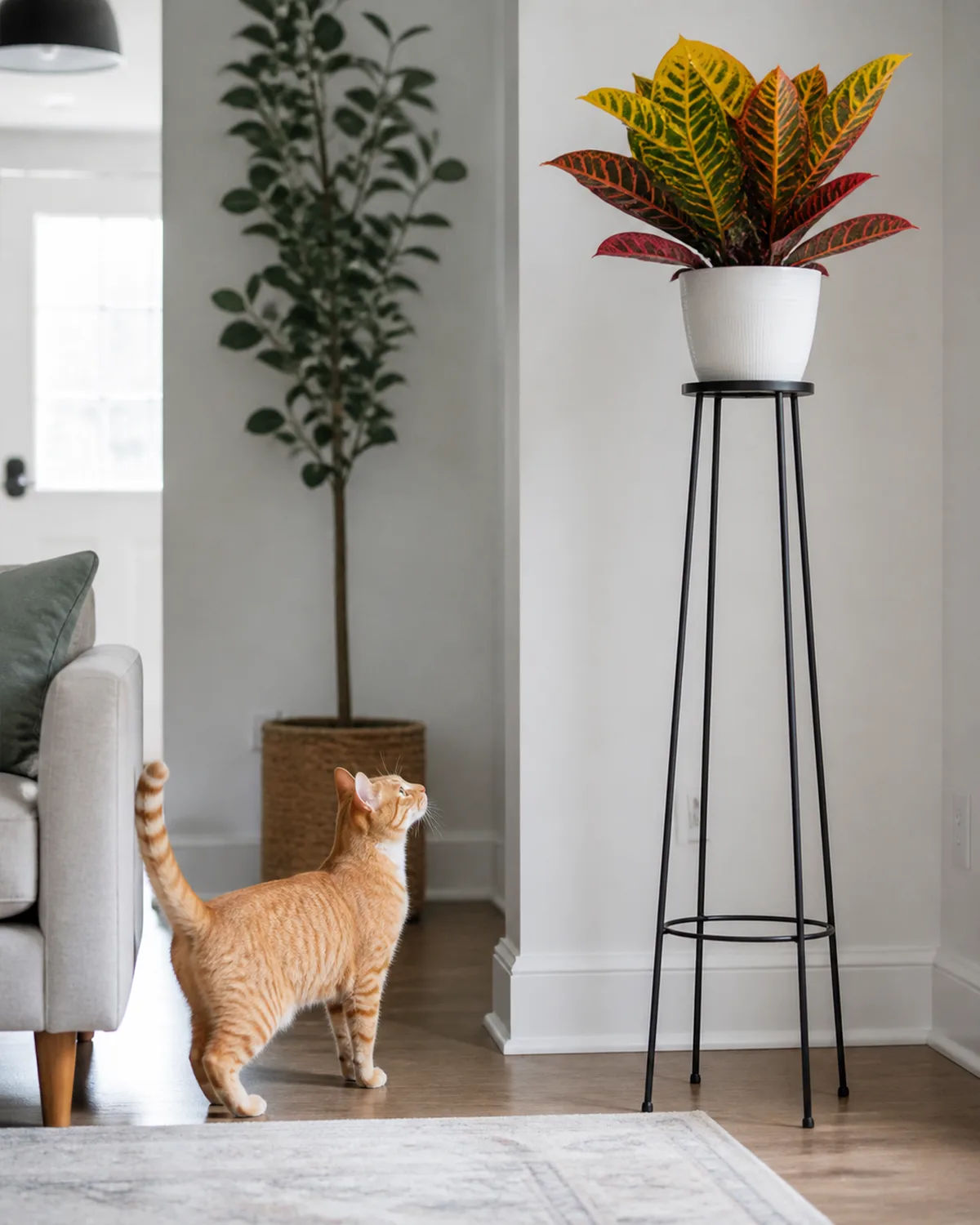 A curious orange tabby cat approaching a colorful croton plant that is placed on a tall plant stand safely elevated above pet reach in a bright living room setting