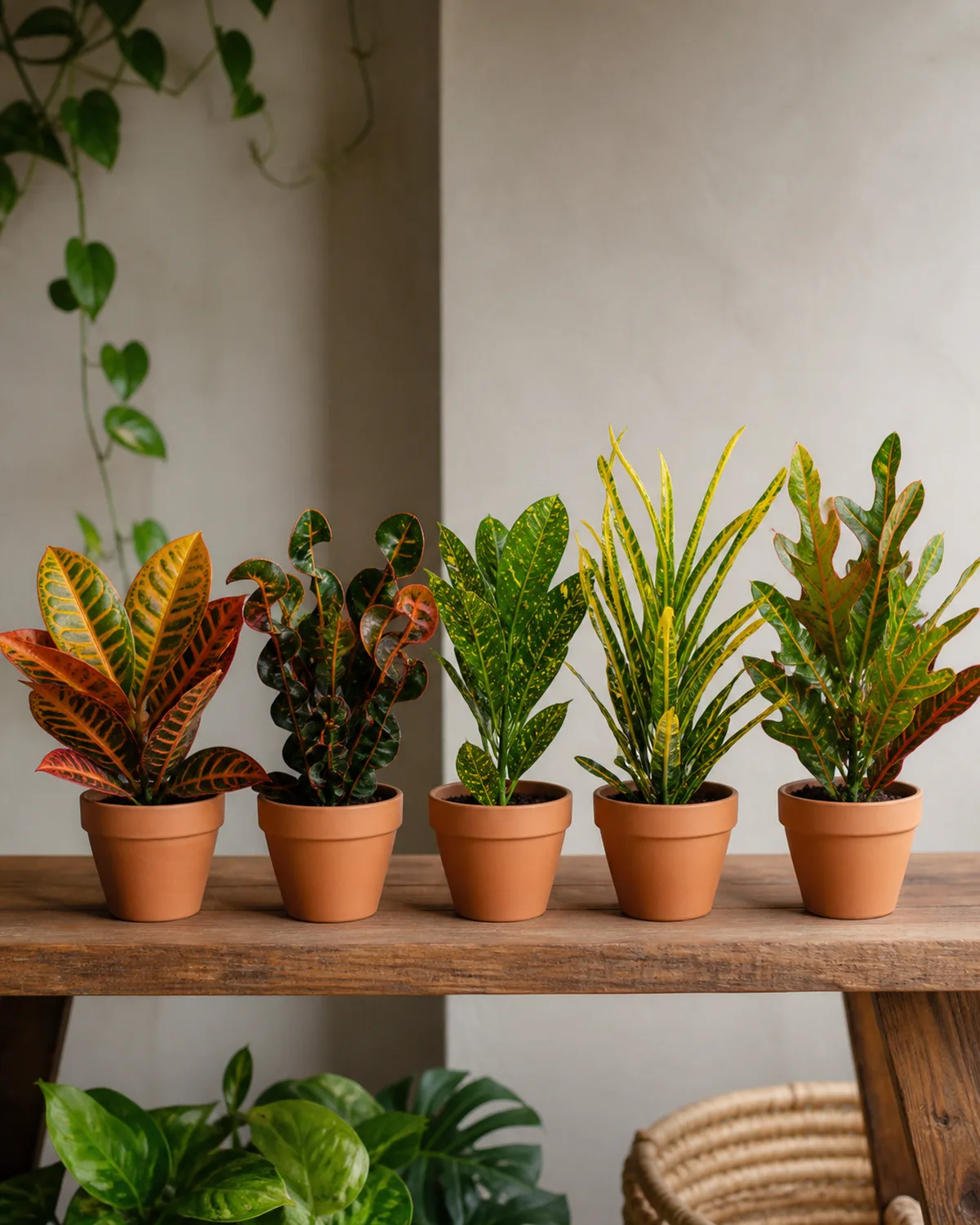Five different croton varieties in small terracotta pots arranged on a wooden shelf showing distinct leaf shapes and colors from broad multi-color Petra to twisted curled Mammy to speckled Gold Dust to narrow Zanzibar and slender oakleaf Eleanor Roosevelt