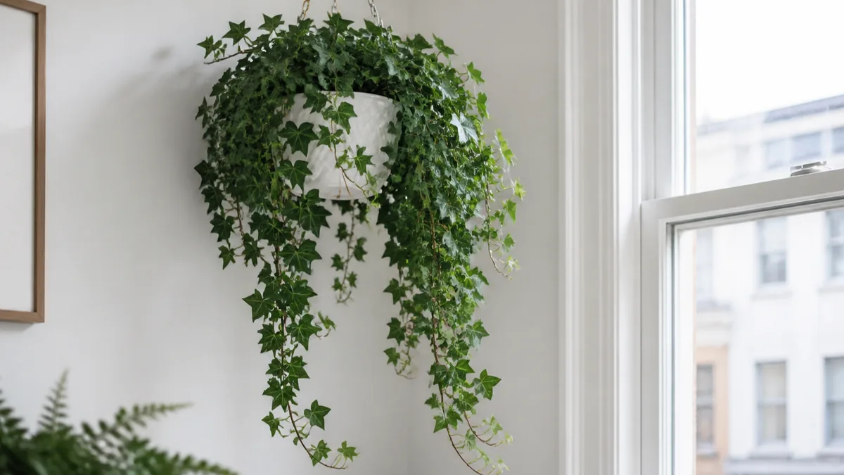 A lush English ivy plant with classic five-lobed dark green leaves trailing gracefully from a white ceramic hanging planter in a cool bright room with soft natural light from a north-facing window