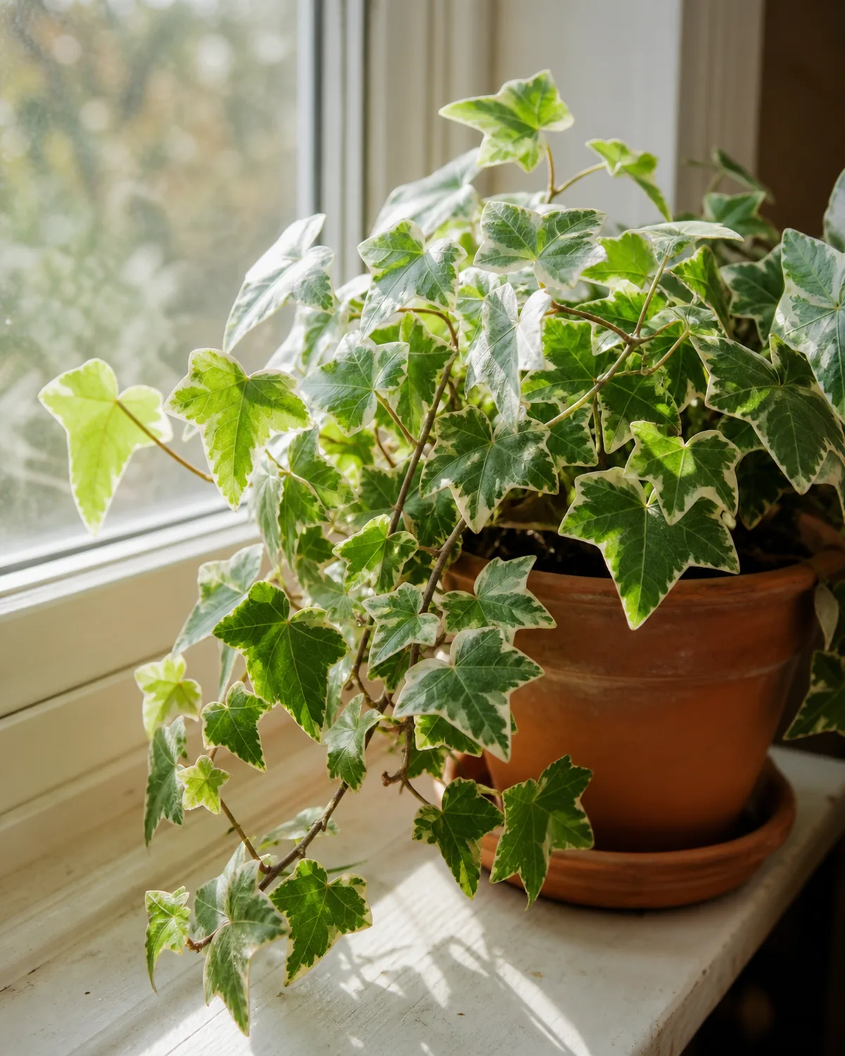 An English ivy plant with variegated white-edged Glacier leaves in a terracotta pot sitting on a bright windowsill with morning sunlight streaming in from the left with deep green centers and crisp white margins